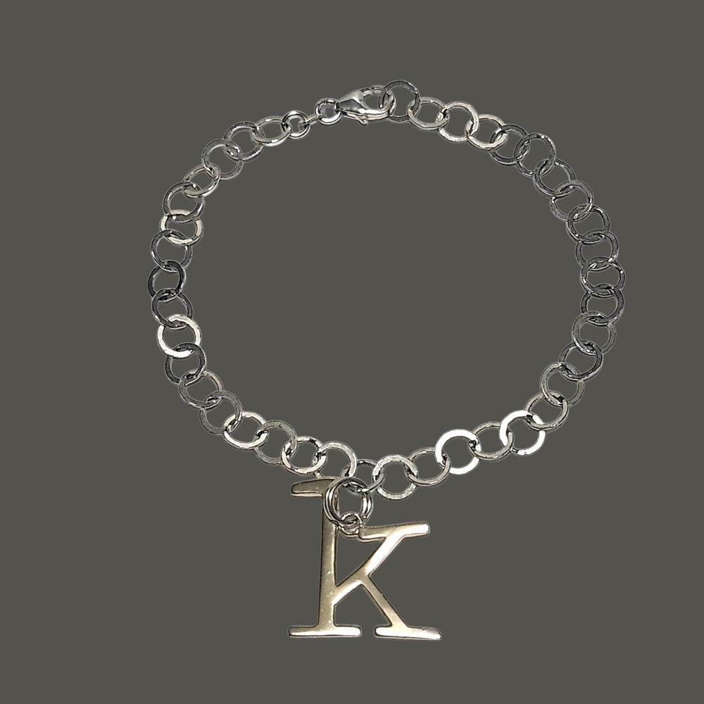 Sterling Silver Initial K Charm Round Link Bracelet size 7"